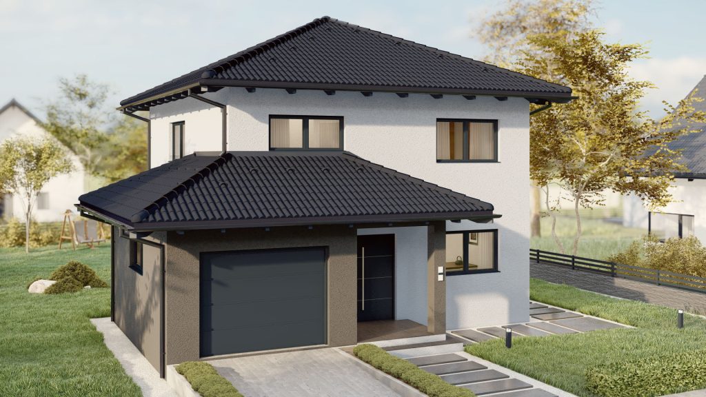 Moderne Fertighaus-Familie vor ihrem neuen Zuhause - BAUTENT Fertighaus Cone-Family Modell B002