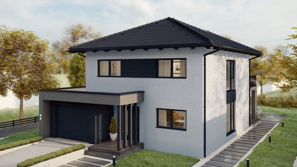 Moderne Fertighaus-Familie mit drei Personen vor ihrem energieeffizienten Eigenheim nach erfolgreicher Sanierung