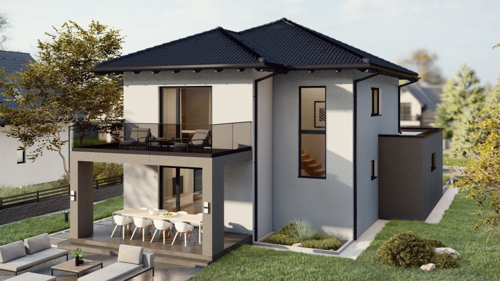 Moderne Fertighaus-Familie mit drei Personen vor ihrem neuen Eigenheim - BAUTENT Fertigbau-Lösung