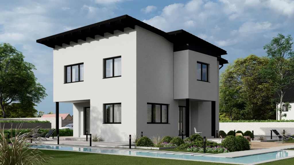 Modernes Fertighaus D001 in zeitgenössischer Architektur mit großen Fensterfronten und eleganter Fassadengestaltung