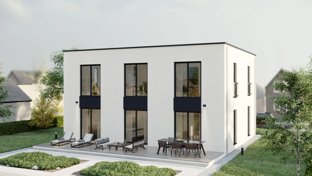 Modernes Fertighaus D001 mit großen Fenstern und zeitgemäßer Architektur von BAUTENT