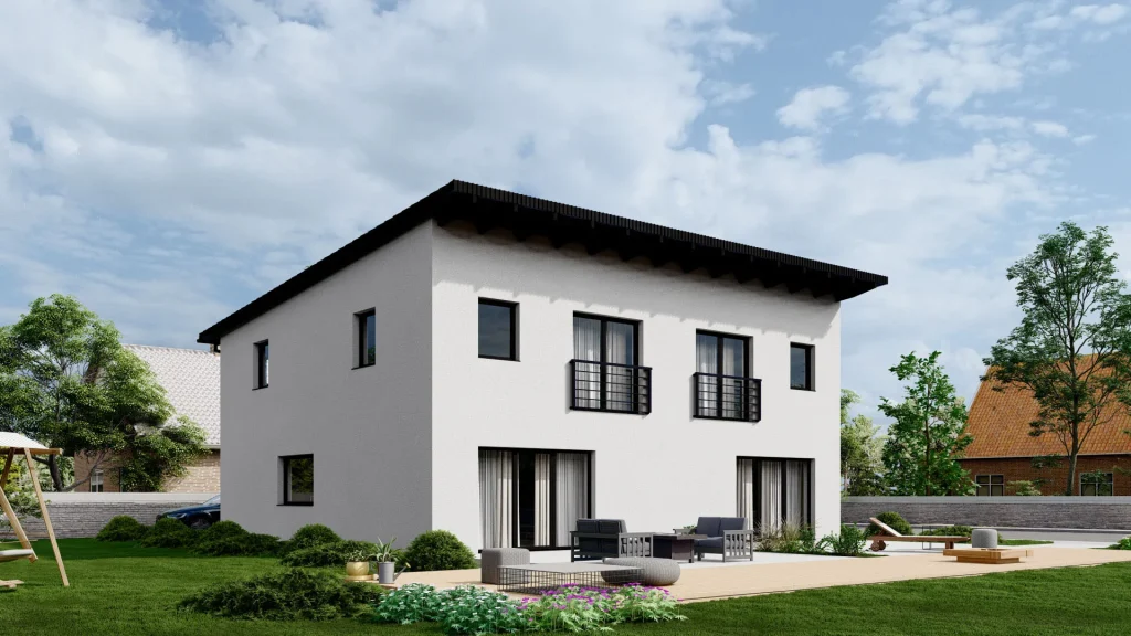 Modernes Fertighaus D001-13 mit zeitgemäßer Architektur und großen Fenstern von BAUTENT