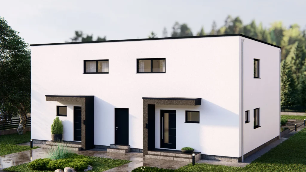 Modernes Fertighaus D001-14 mit zeitgenössischer Architektur und hochwertiger Fassadengestaltung von BAUTENT