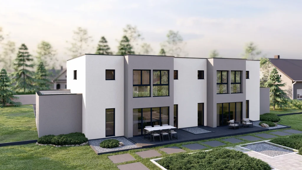 Modernes Fertighaus D001 mit zeitgenössischer Architektur und großen Fensterfronten von BAUTENT