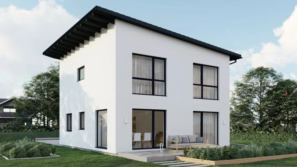 Modernes Fertighaus D001-2 mit zeitgenössischer Architektur und großen Fensterfronten von BAUTENT