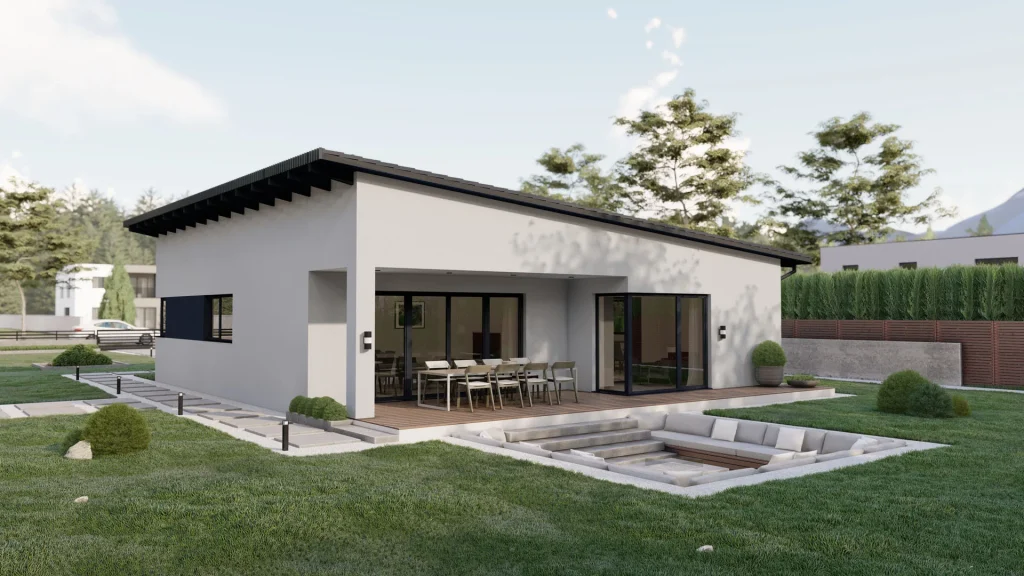 Modernes Fertighaus D001-21 mit zeitgenössischer Architektur und großen Fensterfronten von BAUTENT