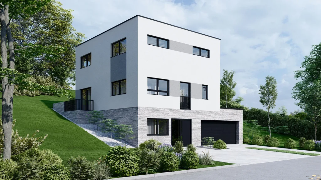 Modernes Fertighaus D001 Außenansicht mit Garten - BAUTENT Hausbau und Sanierung