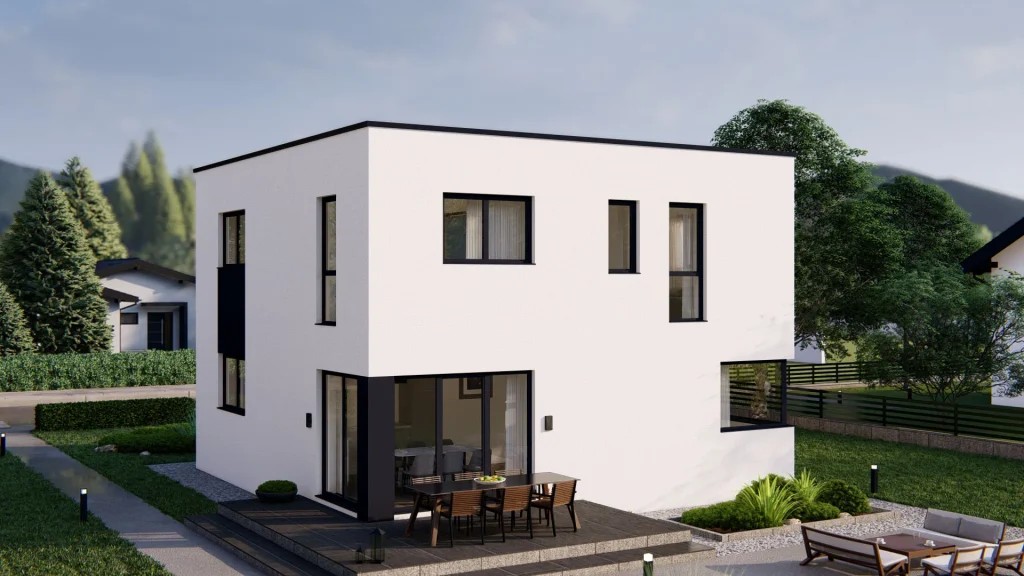 Moderne Fertighaus-Außenansicht mit großzügiger Verglasung und Terrasse - BAUTENT Hausbau und Sanierung