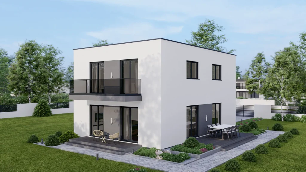 Modernes Fertighaus D001 Außenansicht mit Garten - professionelle Sanierung und Renovierung von BAUTENT