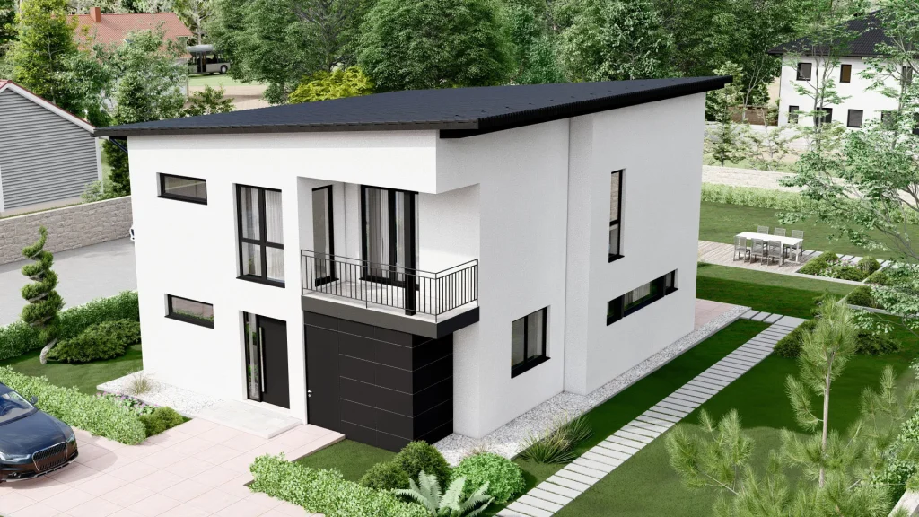 Modernes Fertighaus D001 mit zeitgemäßer Architektur und großen Fensterfronten von BAUTENT