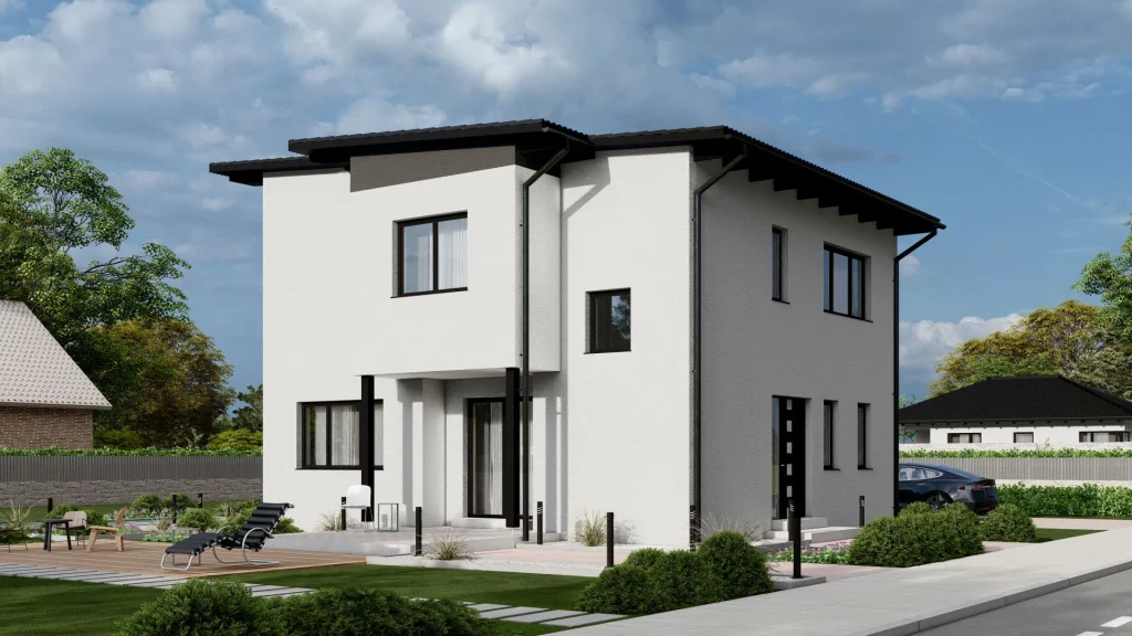 Modernes Fertighaus Außenansicht mit zeitgemäßer Architektur und hochwertiger Fassadengestaltung