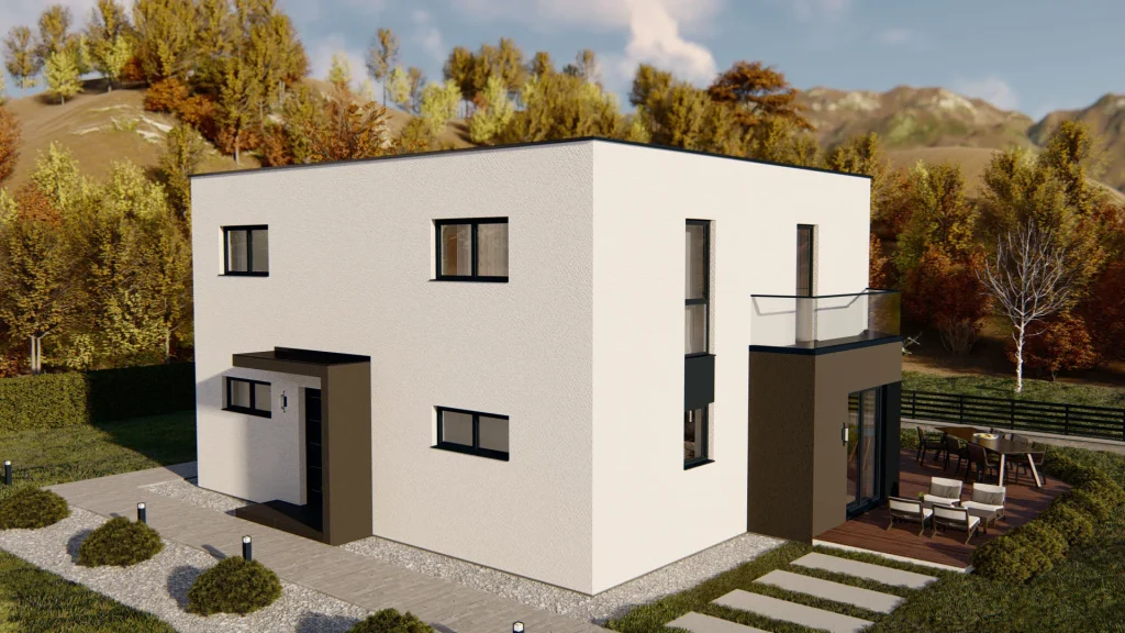 Modernes Fertighaus D002 Außenansicht mit zeitgemäßer Architektur und hochwertiger Fassadengestaltung