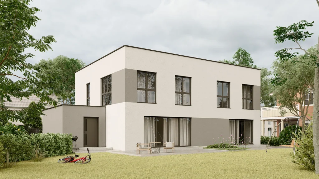 Modernes Fertighaus D002 Außenansicht mit zeitgemäßer Architektur und hochwertiger Fassadengestaltung