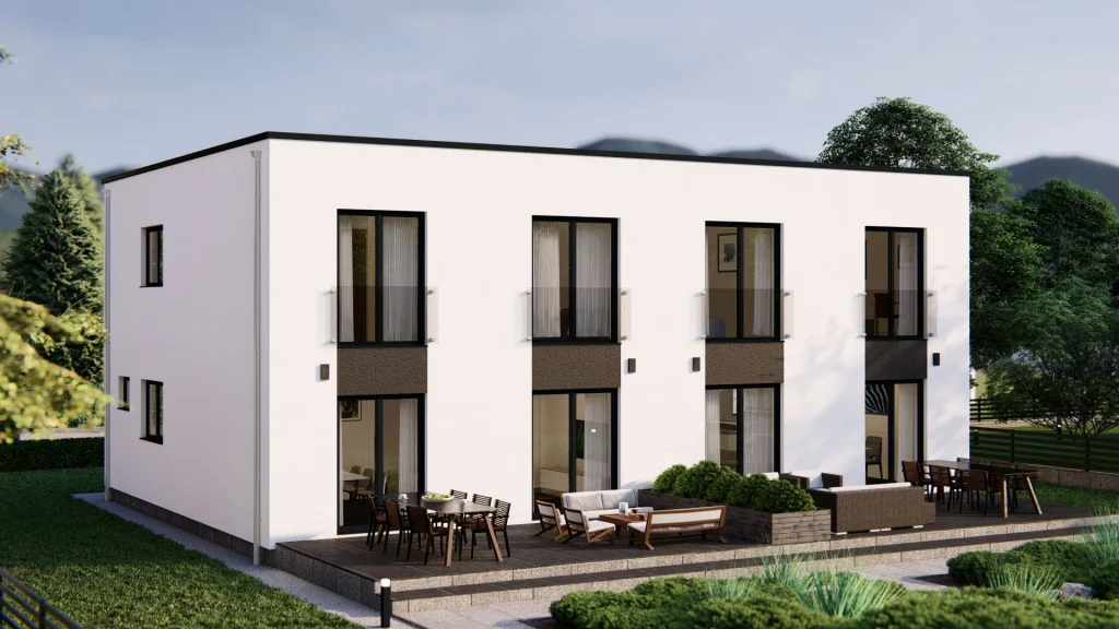 Modernes Fertighaus D002 mit zeitgenössischer Architektur und großen Fensterfronten von BAUTENT