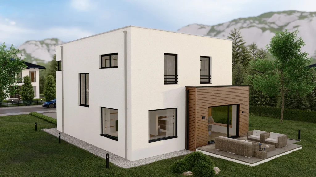 Modernes Fertighaus D002-17 mit eleganter Fassade und großen Fenstern - BAUTENT Haustyp für Neubau und Sanierung