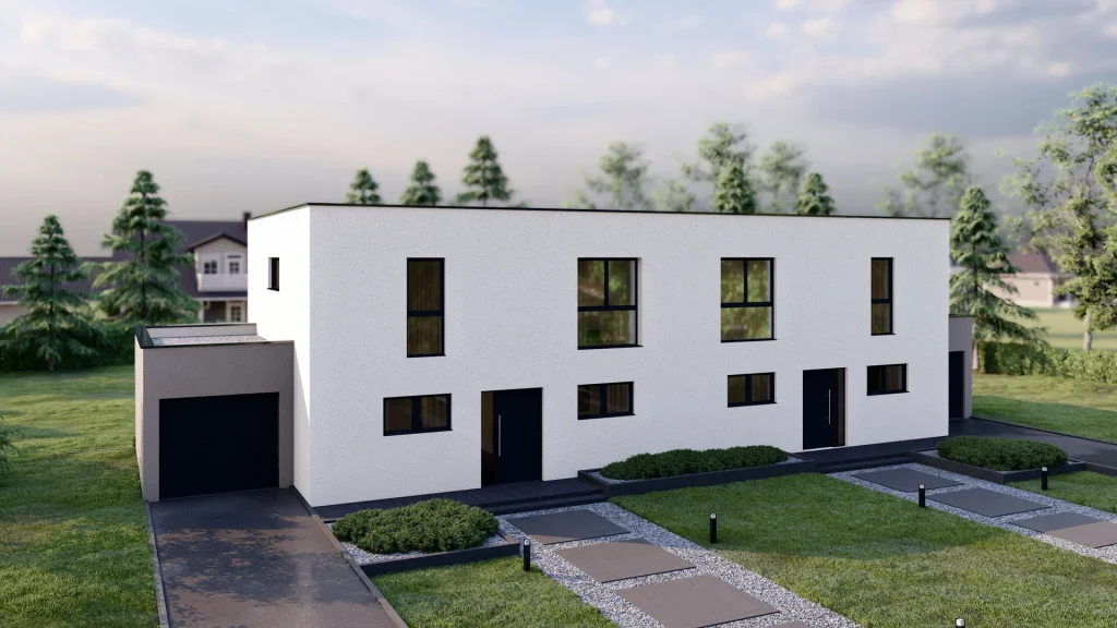 Modernes Fertighaus D002-18 mit zeitgemäßer Architektur und großzügigen Fensterfronten von BAUTENT