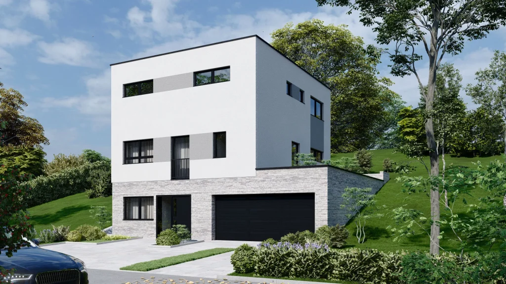 Modernes Fertighaus D002 Außenansicht mit zeitgemäßer Architektur und nachhaltiger Bauweise von BAUTENT