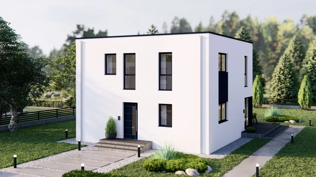 Modernes Fertighaus D002 mit großzügiger Terrasse und zeitgemäßer Architektur von BAUTENT