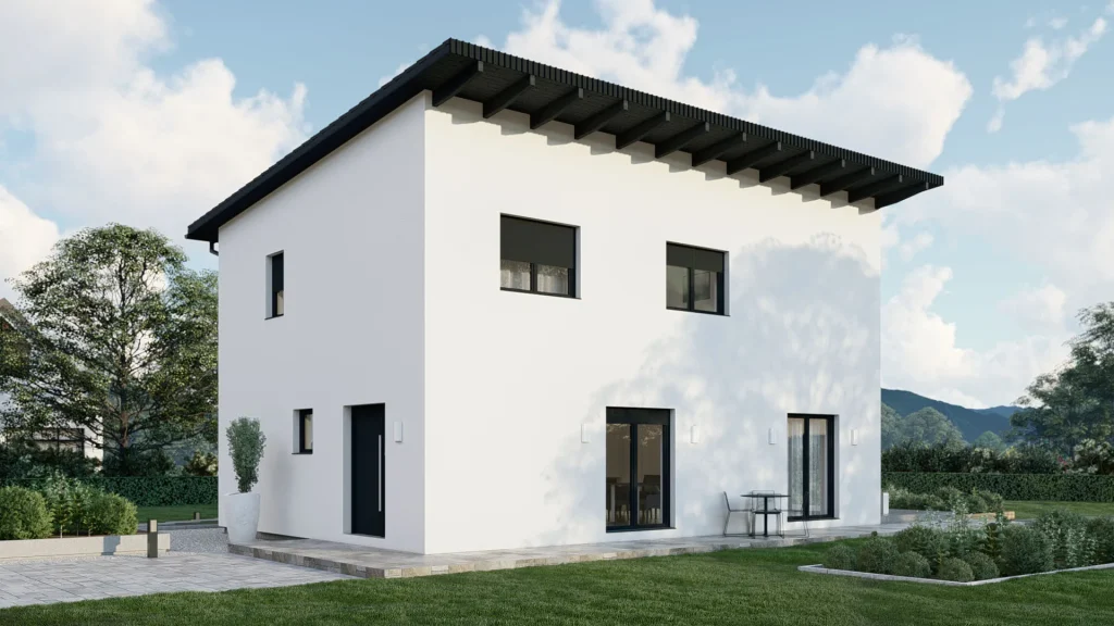 Modernes Fertighaus D002 Außenansicht mit zeitgemäßer Architektur und hochwertiger Fassadengestaltung