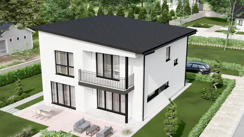 Modernes Fertighaus D002 Außenansicht - schlüsselfertige Bauweise von BAUTENT für energieeffizientes Wohnen