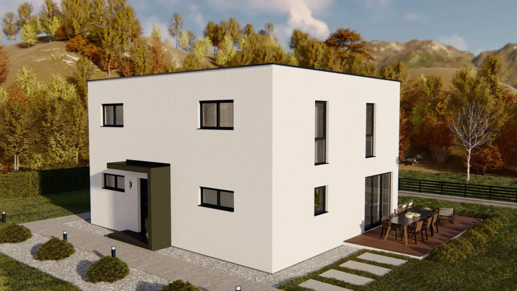 Modernes Fertighaus D002 mit großzügiger Fensterfront und zeitgemäßer Architektur für Neubau und Sanierung