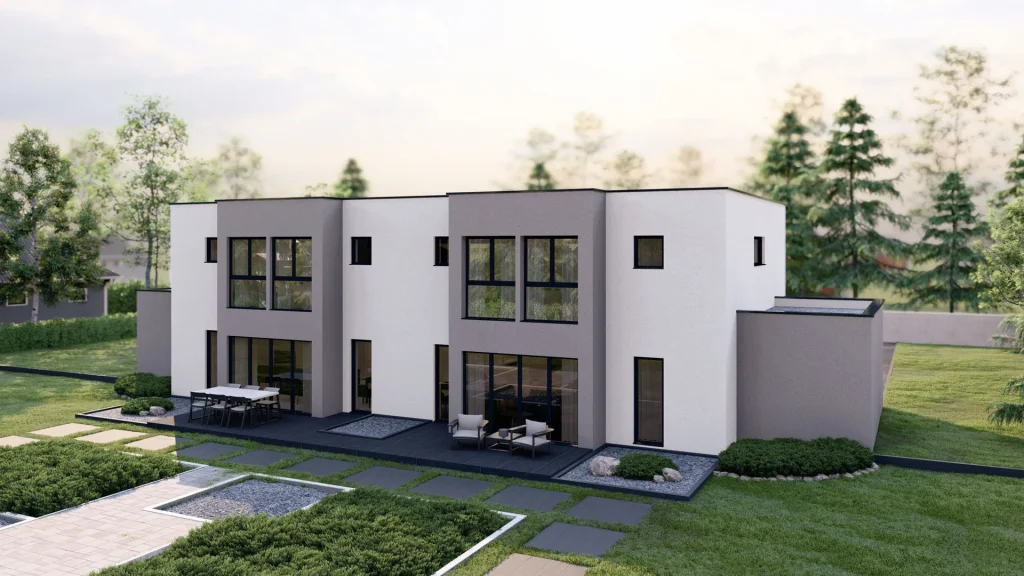 Modernes Fertighaus D003 mit zeitgenössischer Architektur und großen Fensterfronten von BAUTENT