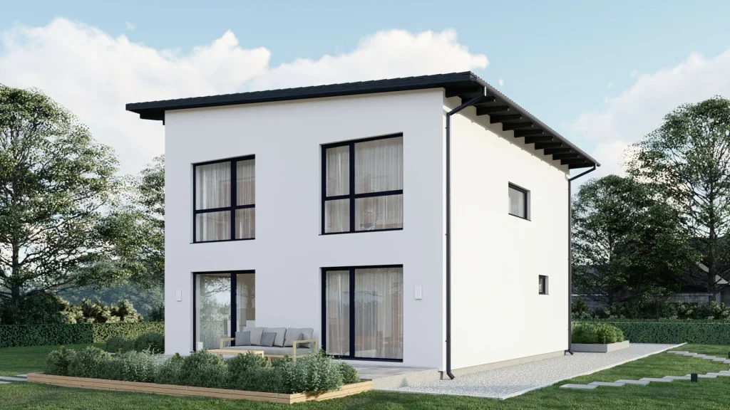 Modernes Fertighaus D003 mit zeitgemäßer Architektur und großen Fenstern - BAUTENT Hausbau