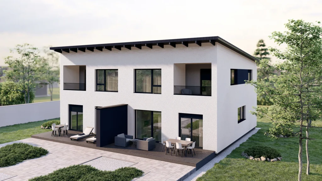 Modernes Fertighaus D003-20 mit zeitgemäßer Architektur und hochwertiger Fassadengestaltung von BAUTENT