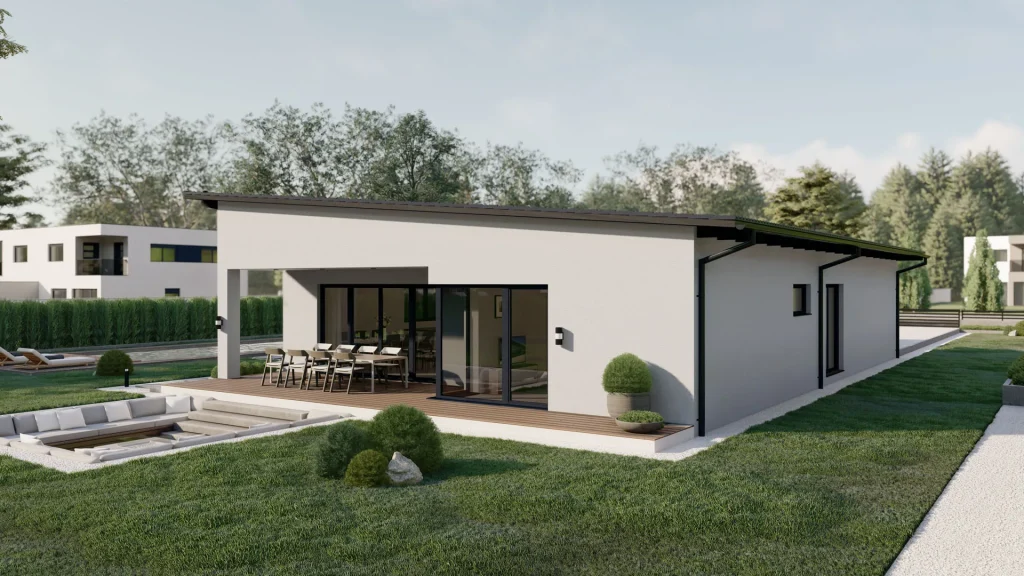 Modernes Fertighaus D003-21 mit zeitgenössischer Architektur und großen Fensterfronten von BAUTENT