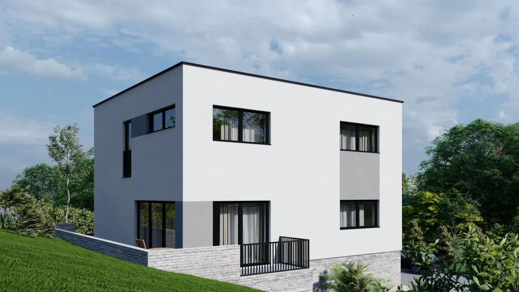 Modernes Fertighaus D003 mit heller Fassade und großen Fenstern - energieeffiziente Bauweise von BAUTENT