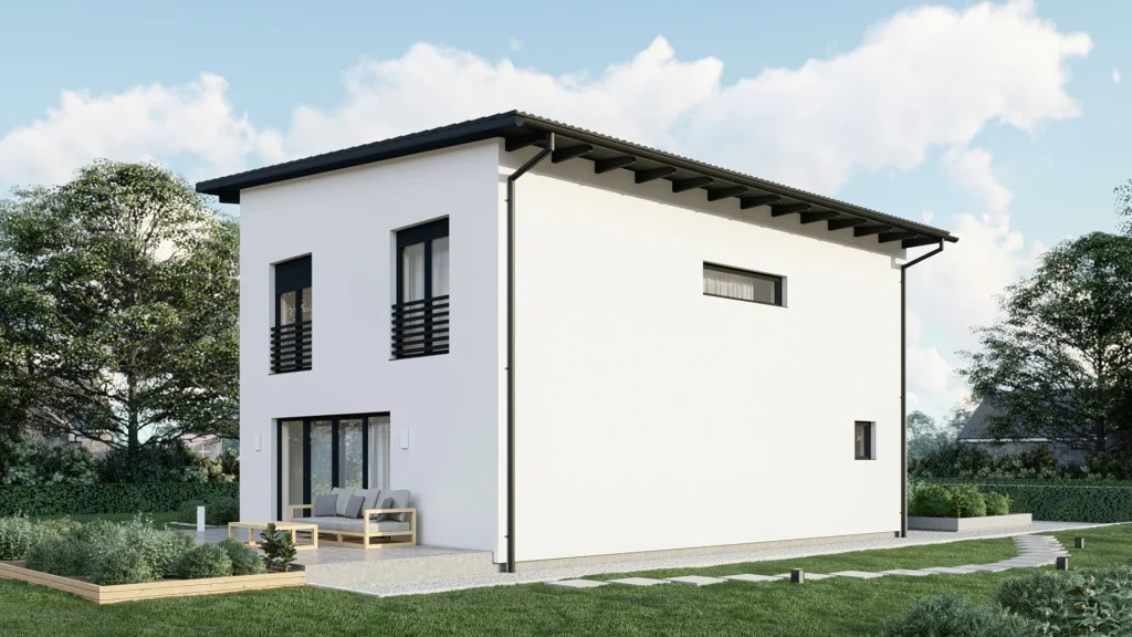 Modernes Fertighaus D003 mit zeitgemäßer Architektur und großzügigen Fensterflächen von BAUTENT