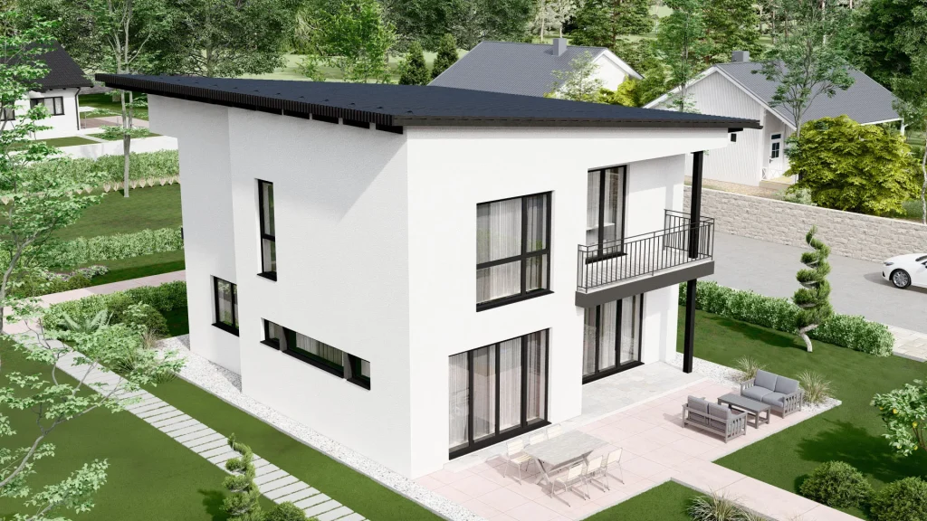 Modernes Fertighaus D003 Außenansicht mit zeitgenössischer Architektur und hochwertiger Fassadengestaltung