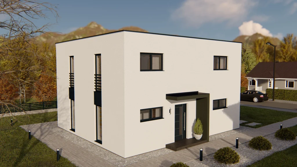 Modernes Fertighaus D003 Außenansicht mit zeitgemäßer Architektur und hochwertiger Fassadengestaltung