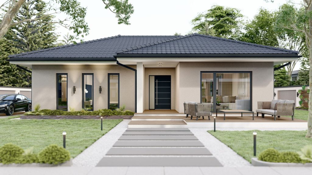 Modernes Fertighaus Dionis A001 mit zeitgenössischer Architektur und großzügigen Fensterfronten in hoher Auflösung