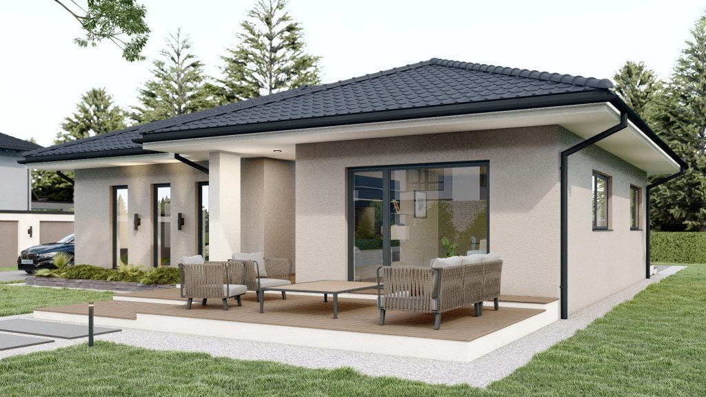 Modernes Fertighaus Dionis A003 mit zeitgenössischer Architektur und großen Fensterfronten