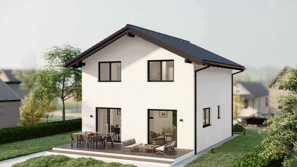 Modernes Fertighaus Hitna-kuca-3 A001 in 25-Grad-Ansicht mit zeitgemäßer Architektur und energieeffizienter Bauweise