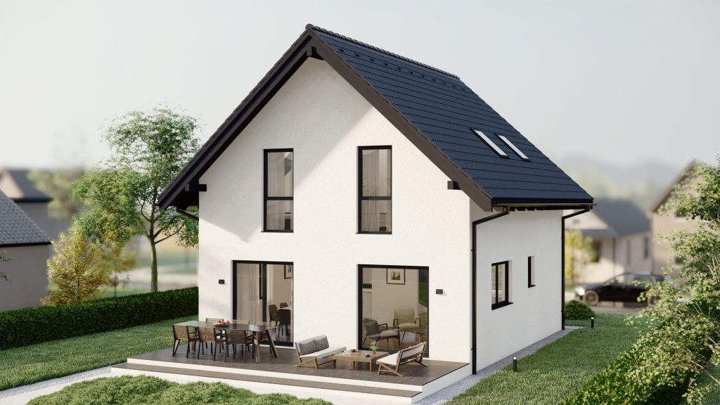 Fertighaus Hitna Kuca Modell 3 mit modernem Steildach aus 42-Grad-Perspektive - Energieeffizientes Eigenheim