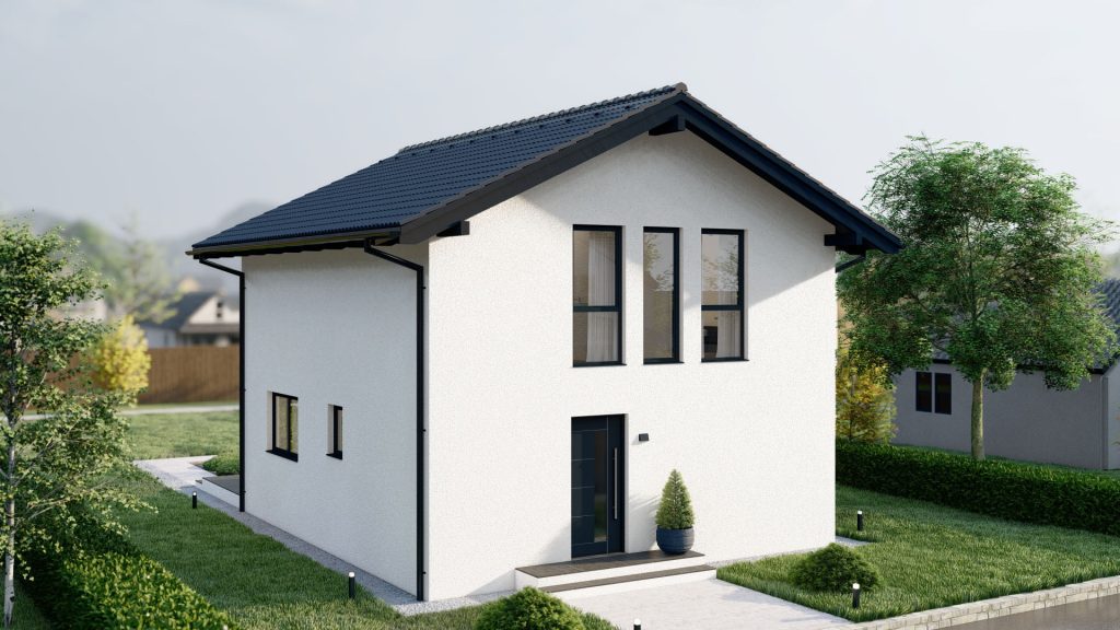 Modernes Fertighaus Hitna-kuca-3 in 25-Grad-Perspektive mit zeitgemäßer Architektur und nachhaltiger Bauweise