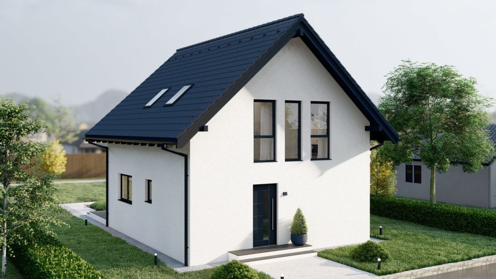 Modernes Fertighaus Hitna-kuca-3 Modell A002 in 42-Grad-Perspektive mit zeitgemäßer Architektur und Fassade