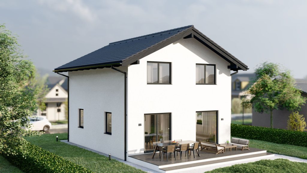 Modernes Fertighaus Hitna-kuca-3 in 25-Grad-Perspektive mit zeitgemäßer Architektur und nachhaltiger Bauweise