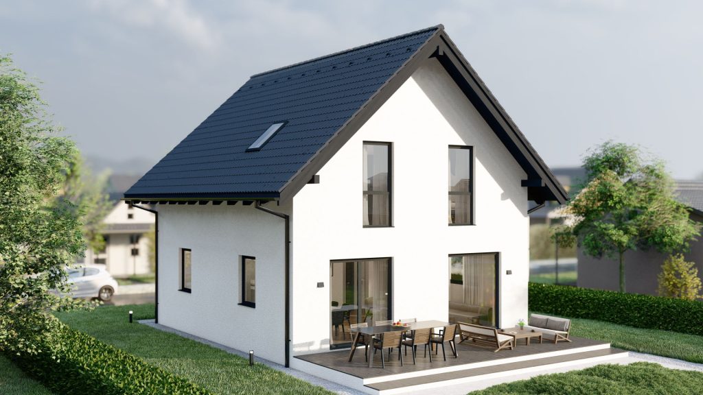 Modernes Fertighaus Hitna-kuca-3 in 42-Grad-Perspektive mit zeitgemäßer Architektur und Fassadengestaltung