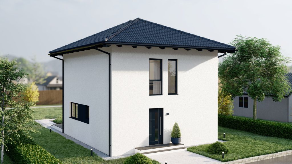 Modernes Fertighaus Modell B002 in weißer Fassade mit großen Fenstern und zeitgenössischer Architektur