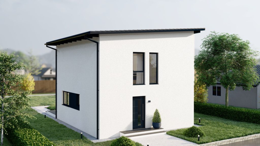 Modernes Fertighaus Hitna-kuca-3 in weißer Fassade mit großen Fenstern und zeitgemäßer Architektur