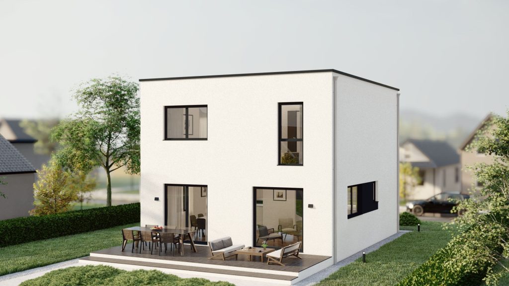 Modernes Fertighaus in 3D-Darstellung - energieeffiziente Bauweise für schnelle Realisierung