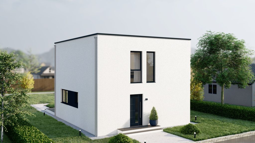 Modernes Fertighaus Hitna-kuca 3 Modell D002 in 3D-Ansicht - schlüsselfertige Bauweise mit zeitgemäßer Architektur