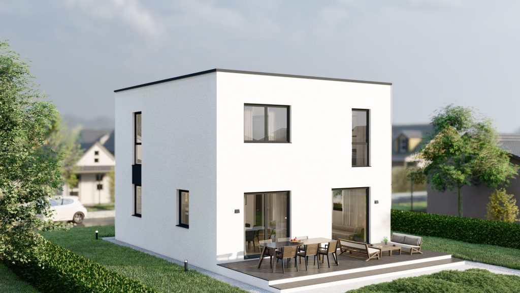 Modernes Fertighaus in 3D-Darstellung - energieeffiziente Bauweise für schnellen Hausbau und Sanierung