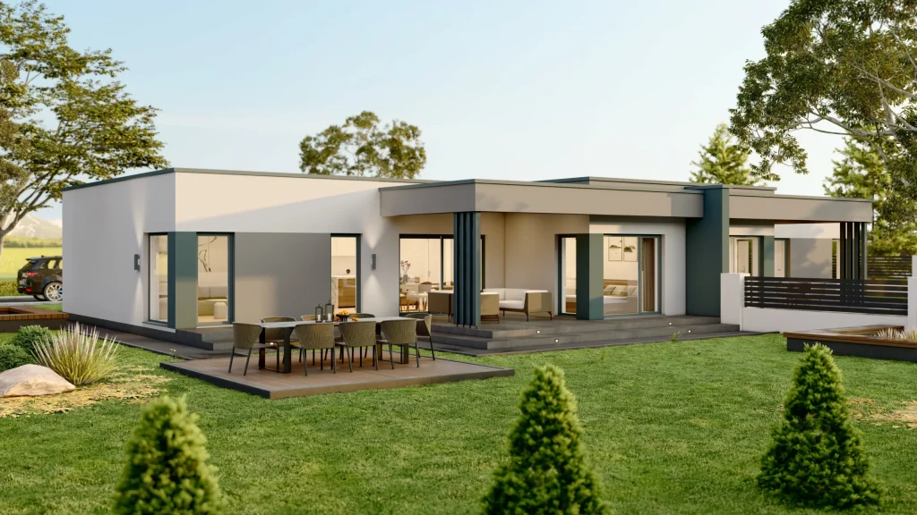 Modernes Fertighaus Istra A001 mit zeitgemäßer Architektur und großzügigen Fensterfronten von BAUTENT