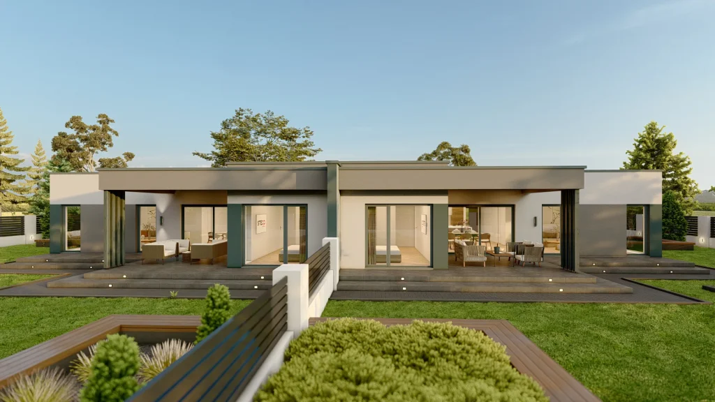 Modernes Fertighaus ISTRA A002 - Außenansicht mit zeitgemäßer Architektur und eleganter Fassadengestaltung