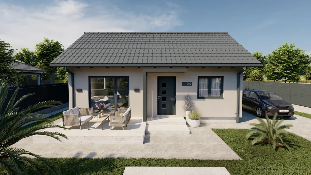 LEA-B002 Fertighaus Außenansicht - modernes Einfamilienhaus von BAUTENT mit zeitgemäßer Architektur und Fassade