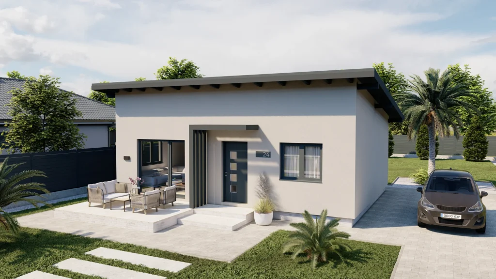 Modernes Fertighaus LEA-C001 mit zeitgenössischer Architektur und großen Fensterfronten von BAUTENT